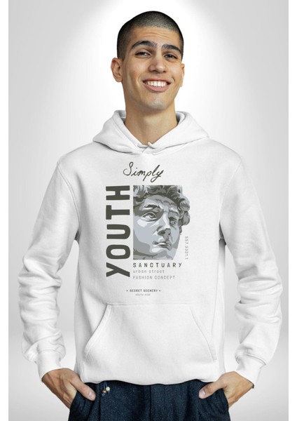 Genç Eski Çağ Antik Heykel Kadın Erkek Baskılı Üç Iplik Beyaz Kapüşonlu Hodie Sweatshirt