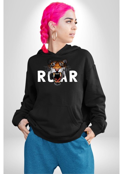 Kükreyen Kaplan Roar Kadın Erkek Baskılı Üç Iplik Siyah Kapüşonlu Hodie Sweatshirt