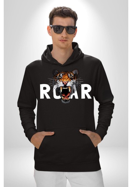 Kükreyen Kaplan Roar Kadın Erkek Baskılı Üç Iplik Siyah Kapüşonlu Hodie Sweatshirt fiyatları