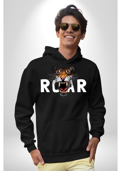 Kükreyen Kaplan Roar Kadın Erkek Baskılı Üç Iplik Siyah Kapüşonlu Hodie Sweatshirt modelleri