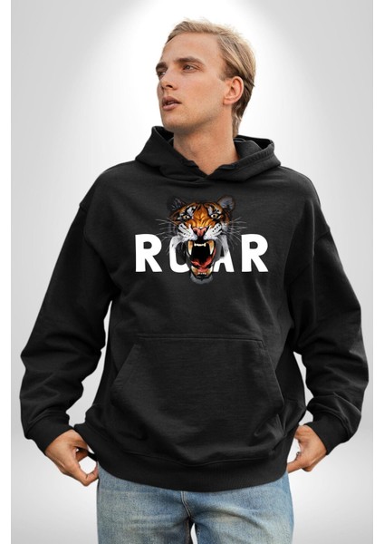 Kükreyen Kaplan Roar Kadın Erkek Baskılı Üç Iplik Siyah Kapüşonlu Hodie Sweatshirt indirimleri