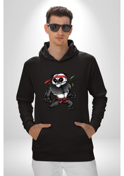 Kung Fu Ustası Savaşçı Panda Kadın Erkek Baskılı Üç Iplik Siyah Kapüşonlu Hodie Sweatshirt
