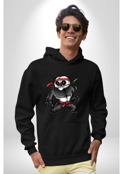 Kung Fu Ustası Savaşçı Panda Kadın Erkek Baskılı Üç Iplik Siyah Kapüşonlu Hodie Sweatshirt fiyatları