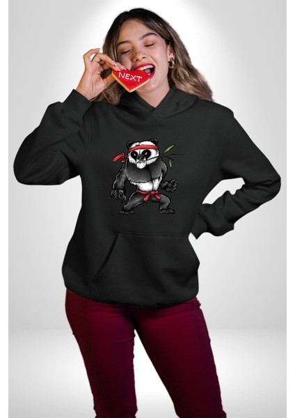 Kung Fu Ustası Savaşçı Panda Kadın Erkek Baskılı Üç Iplik Siyah Kapüşonlu Hodie Sweatshirt modelleri