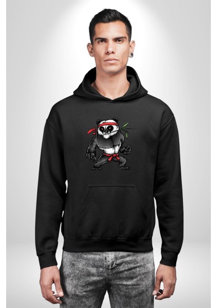 Kung Fu Ustası Savaşçı Panda Kadın Erkek Baskılı Üç Iplik Siyah Kapüşonlu Hodie Sweatshirt indirimleri