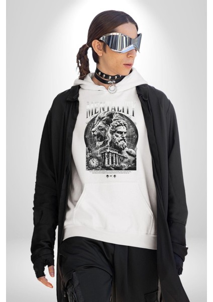 Zihniyet Yunan Aslan ve Antik Yunan Kadın Erkek Baskılı Üç Iplik Beyaz Kapüşonlu Hodie Sweatshirt
