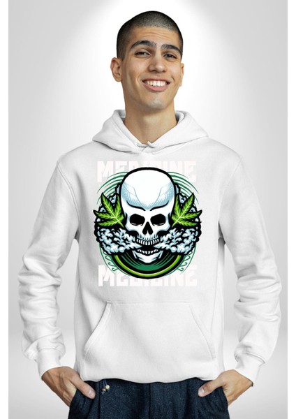 Ölü Cadılar Bayramı Kurukafa Kadın Erkek Baskılı Üç Iplik Beyaz Kapüşonlu Hodie Sweatshirt