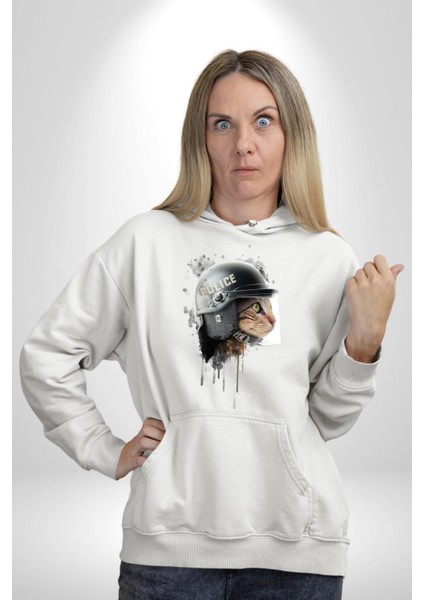 Kedi Çevik Koruma Polis Kadın Erkek Baskılı Üç Iplik Beyaz Kapüşonlu Hodie Sweatshirt