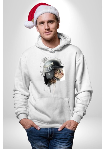 Kedi Çevik Koruma Polis Kadın Erkek Baskılı Üç Iplik Beyaz Kapüşonlu Hodie Sweatshirt fiyatları