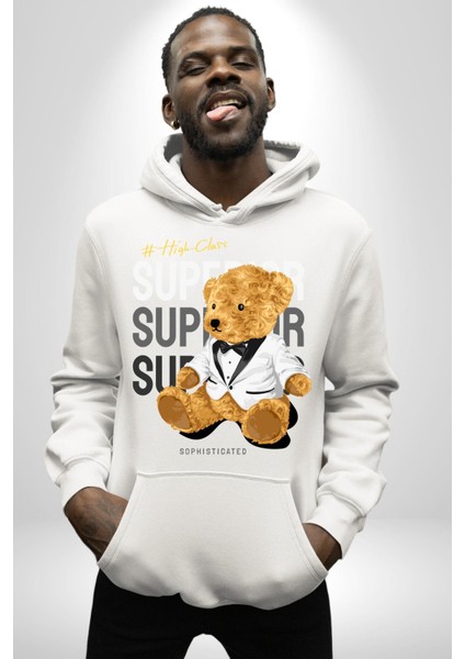 Yüksek Sınıf Oyuncak Ayı Kadın Erkek Baskılı Üç Iplik Beyaz Kapüşonlu Hodie Sweatshirt