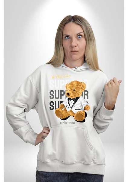 Yüksek Sınıf Oyuncak Ayı Kadın Erkek Baskılı Üç Iplik Beyaz Kapüşonlu Hodie Sweatshirt fiyatları