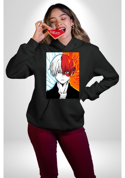 Shoto Todoroki Anime Karakteri Kadın Erkek Baskılı Üç Iplik Siyah Kapüşonlu Hodie Sweatshirt