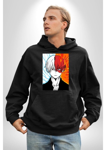 Shoto Todoroki Anime Karakteri Kadın Erkek Baskılı Üç Iplik Siyah Kapüşonlu Hodie Sweatshirt fiyatları
