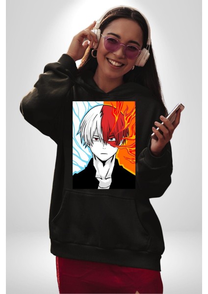 Shoto Todoroki Anime Karakteri Kadın Erkek Baskılı Üç Iplik Siyah Kapüşonlu Hodie Sweatshirt indirimleri