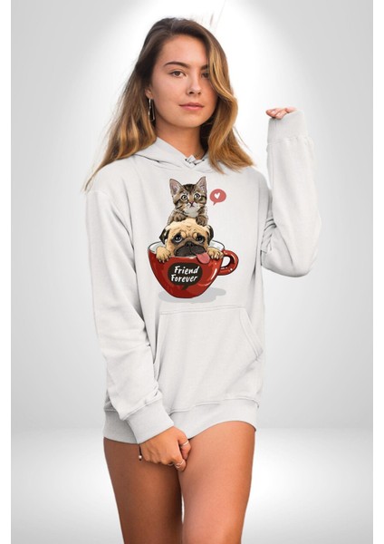 Kupa Içinde Tatlı Kedi ve Köpek Kadın Erkek Baskılı Üç Iplik Beyaz Kapüşonlu Hodie Sweatshirt