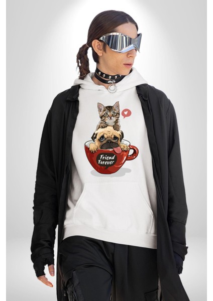 Kupa Içinde Tatlı Kedi ve Köpek Kadın Erkek Baskılı Üç Iplik Beyaz Kapüşonlu Hodie Sweatshirt fiyatları