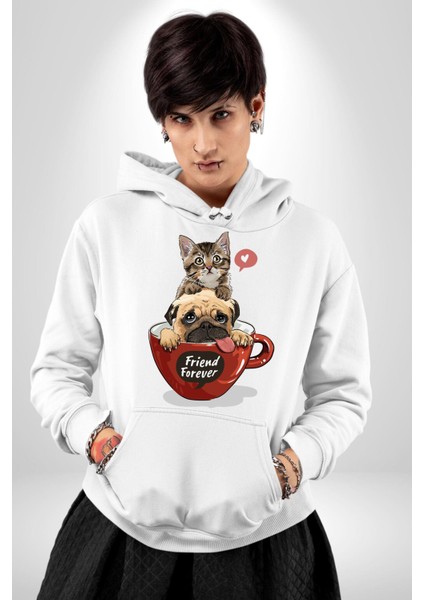 Kupa Içinde Tatlı Kedi ve Köpek Kadın Erkek Baskılı Üç Iplik Beyaz Kapüşonlu Hodie Sweatshirt modelleri