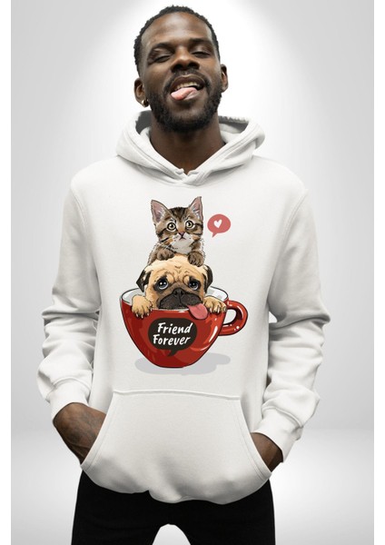 Kupa Içinde Tatlı Kedi ve Köpek Kadın Erkek Baskılı Üç Iplik Beyaz Kapüşonlu Hodie Sweatshirt fırsatları