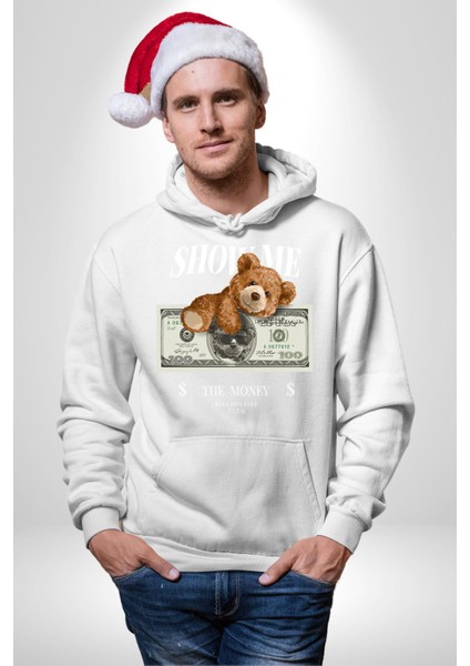 Amerikan Doları ve Oyuncak Ayı Kadın Erkek Baskılı Üç Iplik Beyaz Kapüşonlu Hodie Sweatshirt