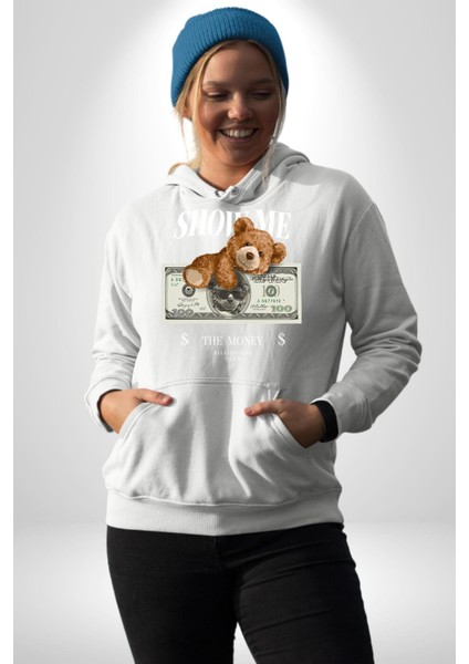 Amerikan Doları ve Oyuncak Ayı Kadın Erkek Baskılı Üç Iplik Beyaz Kapüşonlu Hodie Sweatshirt fiyatları