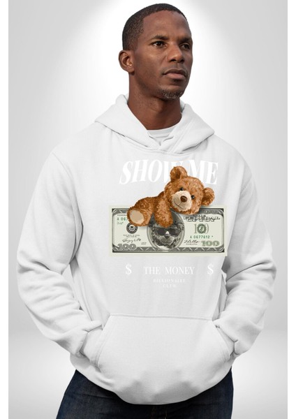 Amerikan Doları ve Oyuncak Ayı Kadın Erkek Baskılı Üç Iplik Beyaz Kapüşonlu Hodie Sweatshirt modelleri