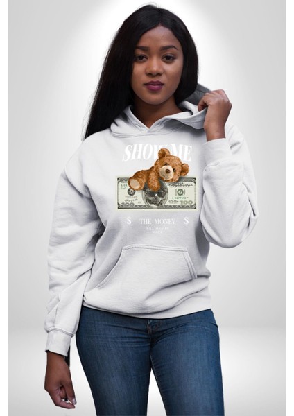 Amerikan Doları ve Oyuncak Ayı Kadın Erkek Baskılı Üç Iplik Beyaz Kapüşonlu Hodie Sweatshirt indirimleri