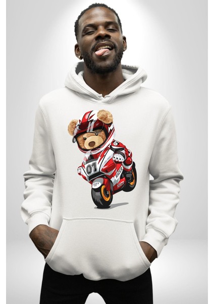 Profesyonel Motorcu Oyuncak Ayı Kadın Erkek Baskılı Üç Iplik Beyaz Kapüşonlu Hodie Sweatshirt fiyatları