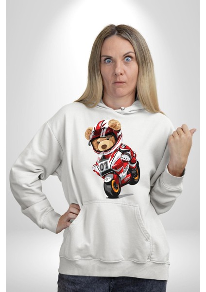 Profesyonel Motorcu Oyuncak Ayı Kadın Erkek Baskılı Üç Iplik Beyaz Kapüşonlu Hodie Sweatshirt modelleri