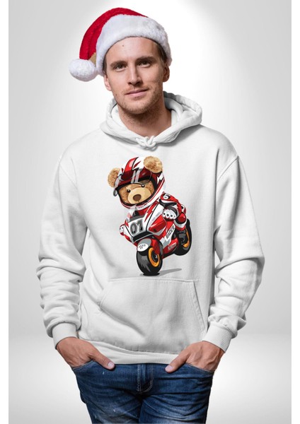 Profesyonel Motorcu Oyuncak Ayı Kadın Erkek Baskılı Üç Iplik Beyaz Kapüşonlu Hodie Sweatshirt fırsatları