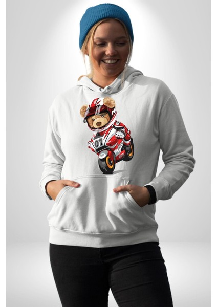 Profesyonel Motorcu Oyuncak Ayı Kadın Erkek Baskılı Üç Iplik Beyaz Kapüşonlu Hodie Sweatshirt indirimleri