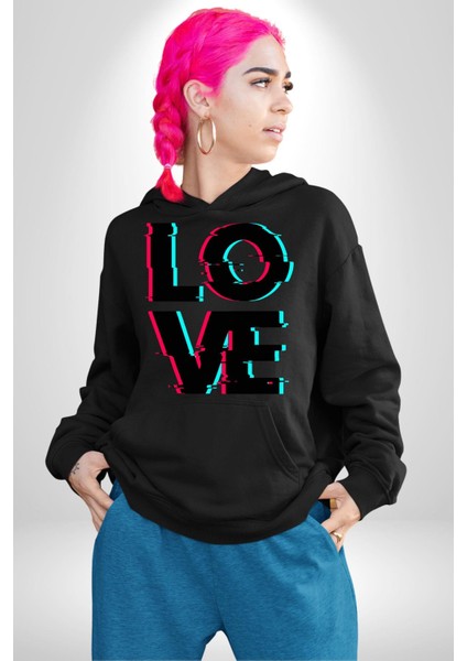 Glitch Aşk Yazısı Mavi Kırmızı Tonları Kadın Erkek Baskılı Üç Iplik Siyah Kapüşonlu Hodie Sweatshirt