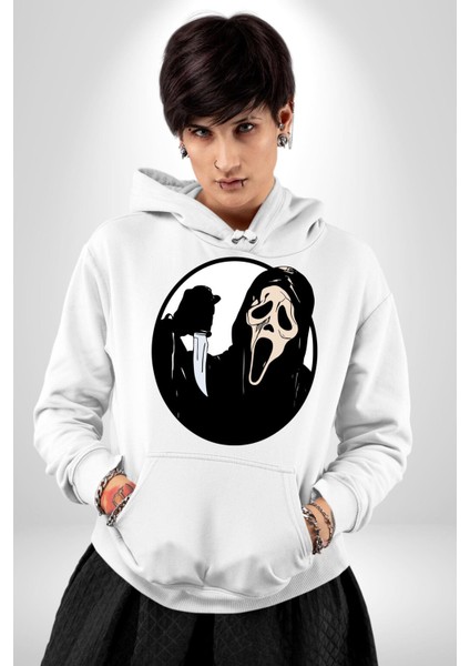Çığlık Amerikan Korku Karakteri Kadın Erkek Baskılı Üç Iplik Beyaz Kapüşonlu Hodie Sweatshirt
