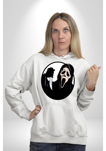 Çığlık Amerikan Korku Karakteri Kadın Erkek Baskılı Üç Iplik Beyaz Kapüşonlu Hodie Sweatshirt modelleri