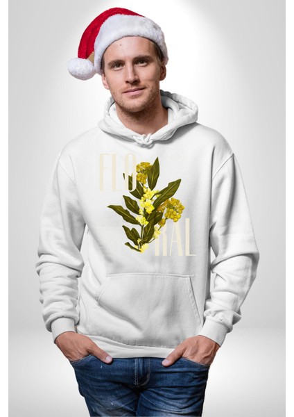 Modern Çiçek Tasarımı Kadın Erkek Baskılı Üç Iplik Beyaz Kapüşonlu Hodie Sweatshirt