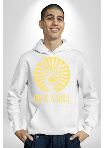 Rock N Roll Tasarım Kadın Erkek Baskılı Üç Iplik Beyaz Kapüşonlu Hodie Sweatshirt
