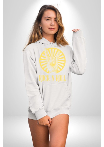 Rock N Roll Tasarım Kadın Erkek Baskılı Üç Iplik Beyaz Kapüşonlu Hodie Sweatshirt fiyatları