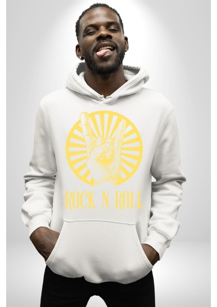 Rock N Roll Tasarım Kadın Erkek Baskılı Üç Iplik Beyaz Kapüşonlu Hodie Sweatshirt fırsatları