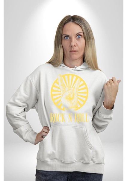 Rock N Roll Tasarım Kadın Erkek Baskılı Üç Iplik Beyaz Kapüşonlu Hodie Sweatshirt indirimleri