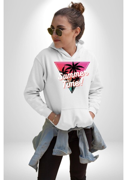 Yaz Zamanı Retro Palmiye Ağaçları Kadın Erkek Baskılı Üç Iplik Beyaz Kapüşonlu Hodie Sweatshirt