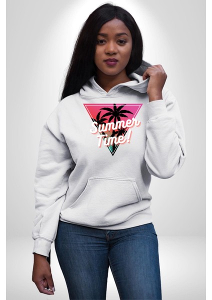 Yaz Zamanı Retro Palmiye Ağaçları Kadın Erkek Baskılı Üç Iplik Beyaz Kapüşonlu Hodie Sweatshirt fiyatları