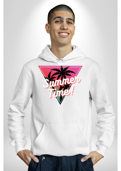 Yaz Zamanı Retro Palmiye Ağaçları Kadın Erkek Baskılı Üç Iplik Beyaz Kapüşonlu Hodie Sweatshirt modelleri