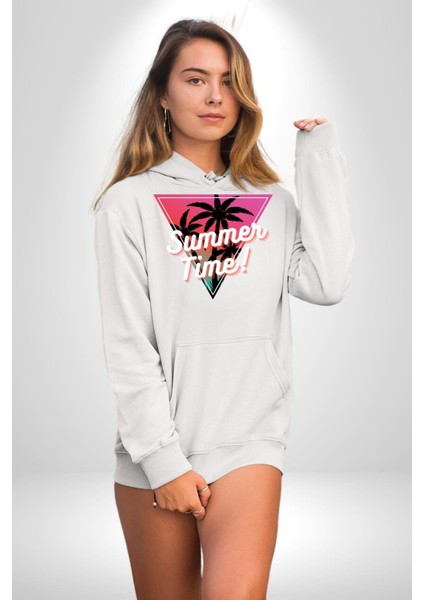 Yaz Zamanı Retro Palmiye Ağaçları Kadın Erkek Baskılı Üç Iplik Beyaz Kapüşonlu Hodie Sweatshirt fırsatları