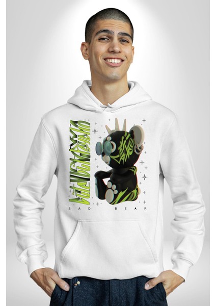 Tatlı Punk Oyuncak Ayı Kadın Erkek Baskılı Üç Iplik Beyaz Kapüşonlu Hodie Sweatshirt