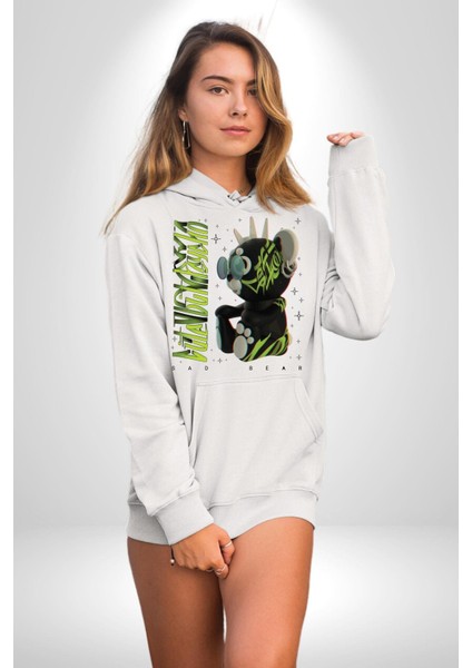 Tatlı Punk Oyuncak Ayı Kadın Erkek Baskılı Üç Iplik Beyaz Kapüşonlu Hodie Sweatshirt fiyatları