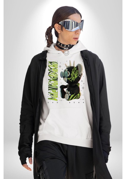 Tatlı Punk Oyuncak Ayı Kadın Erkek Baskılı Üç Iplik Beyaz Kapüşonlu Hodie Sweatshirt modelleri