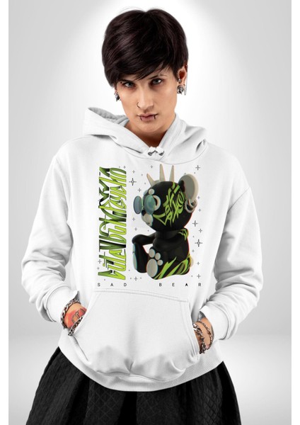 Tatlı Punk Oyuncak Ayı Kadın Erkek Baskılı Üç Iplik Beyaz Kapüşonlu Hodie Sweatshirt fırsatları