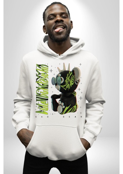 Tatlı Punk Oyuncak Ayı Kadın Erkek Baskılı Üç Iplik Beyaz Kapüşonlu Hodie Sweatshirt indirimleri