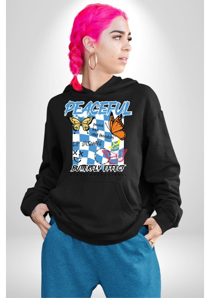 Barışçıl Kelebekler Sokak Tarzı Kadın Erkek Baskılı Üç Iplik Siyah Kapüşonlu Hodie Sweatshirt