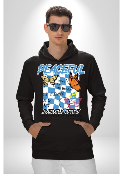 Barışçıl Kelebekler Sokak Tarzı Kadın Erkek Baskılı Üç Iplik Siyah Kapüşonlu Hodie Sweatshirt fiyatları