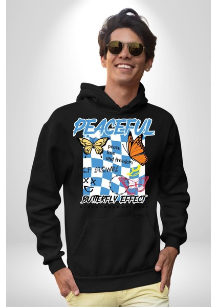 Barışçıl Kelebekler Sokak Tarzı Kadın Erkek Baskılı Üç Iplik Siyah Kapüşonlu Hodie Sweatshirt modelleri